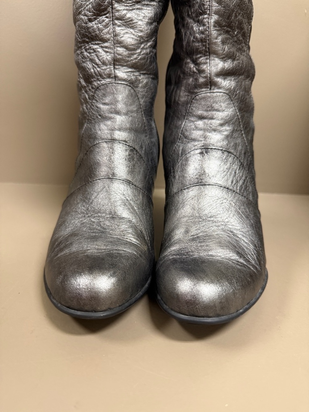 Born Metallic Gray Crinkled Leather Knee-High Women's Side Zip Boots - Picture 5 of 11